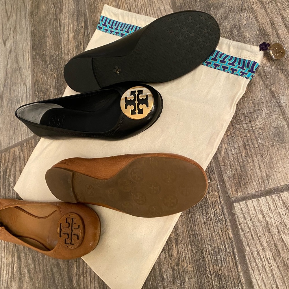 Tory Burch Reva flats. Black pair size 7 brand new. Tan pair gently used size 8.